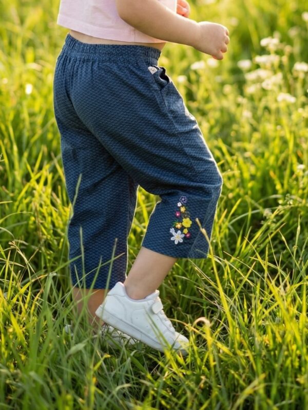 Girls Organic Cotton Poplin Modal Ankle Length Flowers Embroidered & Applique Pant - Blue - Image 3