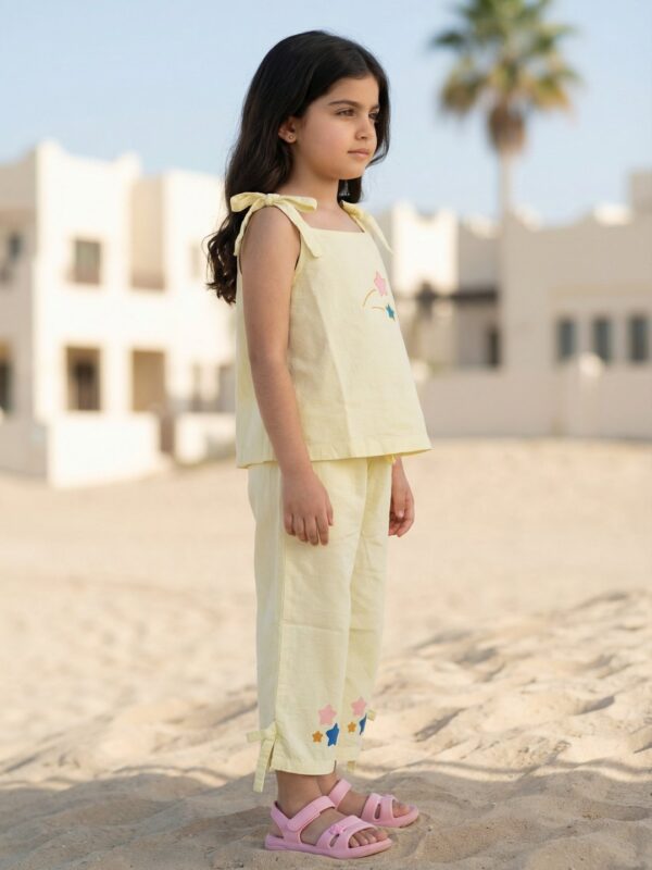 Girls Cambric Sleevless Star & 3 Stars Glitter Print Baby Camisole  & Pant Set - Yellow - Image 3