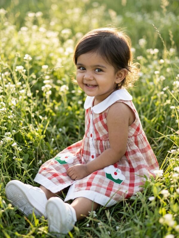 Girls Organic Cotton Poplin Sleevless Cup Cake Applique Pocket Dress - Red - Image 3