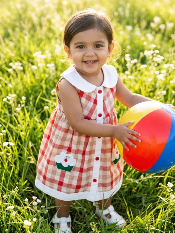 Girls Organic Cotton Poplin Sleevless Cup Cake Applique Pocket Dress - Red - Image 4