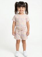Girls Organic Cotton Single Jersey Short Sleev All Over Print Top & Shorts Set - Cream