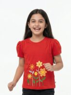 Girls Organic Cotton Single Jersey Short Sleev Flower Embroidered Top - Red