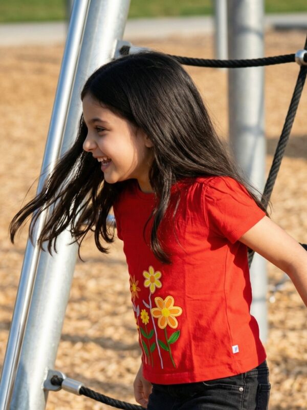 Girls Organic Cotton Single Jersey Short Sleev Flower Embroidered Top - Red - Image 3