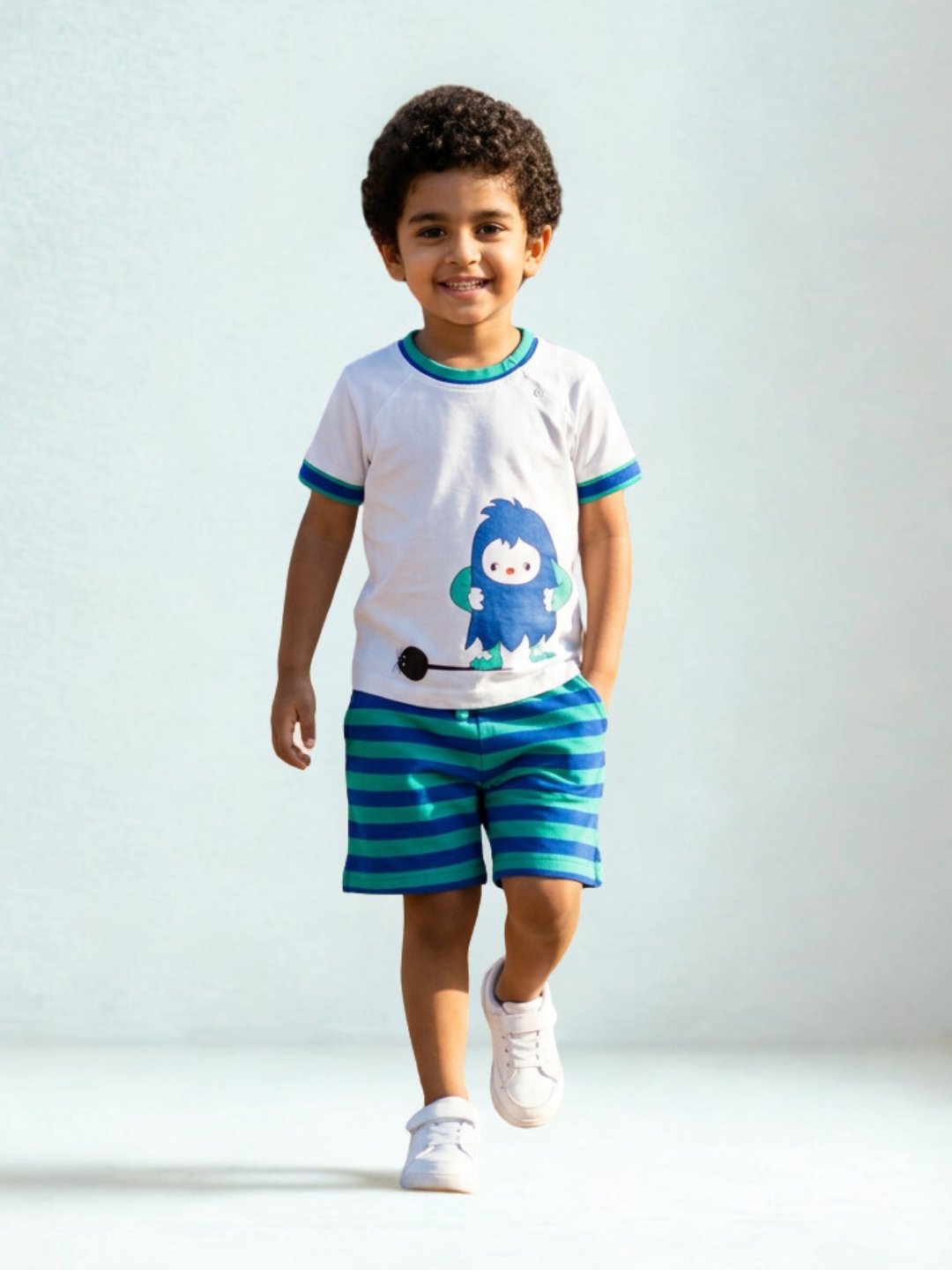 P-149_A.jpg Boys Organic Cotton Single Jersey Short Sleev Funny Mouse Print T-Shirt & Shorts Set - White - Image 1