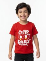 Boys Organic Cotton Single Jersey Short Sleev Cute Daily Thinking Print T-Shirt - Red
