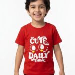 Boys Organic Cotton Single Jersey Short Sleev Cute Daily Thinking Print T-Shirt - Red