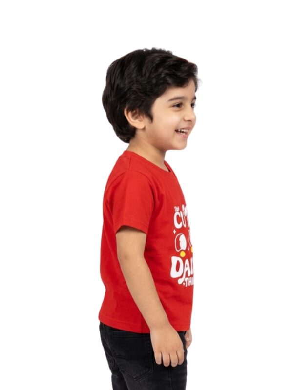 Boys Organic Cotton Single Jersey Short Sleev Cute Daily Thinking Print T-Shirt - Red - Image 3