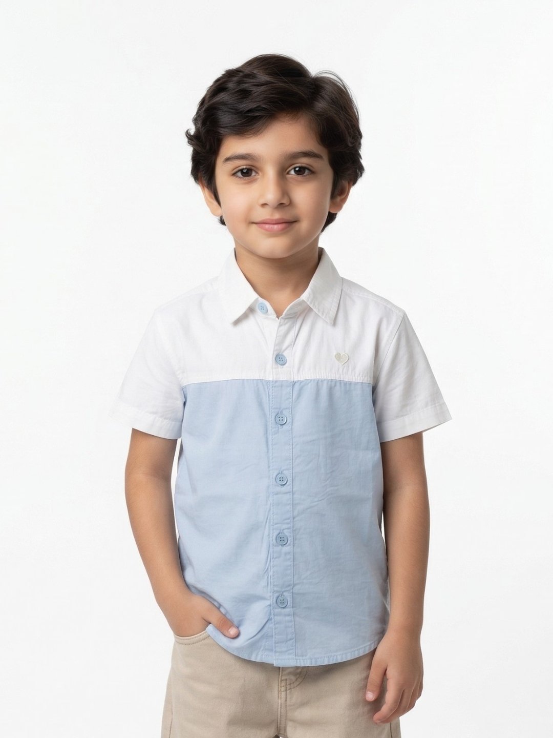 P-159_A.jpg Boys Organic Cotton Poplin Short Sleeve Heart Logo Applique Shirt - Blue - Image 1