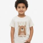 Boys Organic Cotton Single Jersey Short Sleeve Toddly Bear Chest Print T-Shirt - Cream