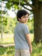 Boys Organic Cotton Single Jersey Short Sleeve Cute Daily Thinking Chest Print T-Shirt - Grey - Image 2