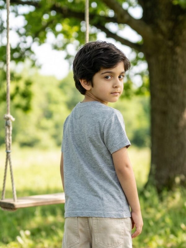 Boys Organic Cotton Single Jersey Short Sleeve Cute Daily Thinking Chest Print T-Shirt - Grey - Image 2