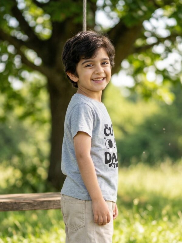 Boys Organic Cotton Single Jersey Short Sleeve Cute Daily Thinking Chest Print T-Shirt - Grey - Image 3
