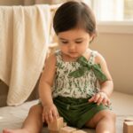 Girls  Organic Cotton Cambric Sleevless Leaf Print Top & Shorts Set - Green