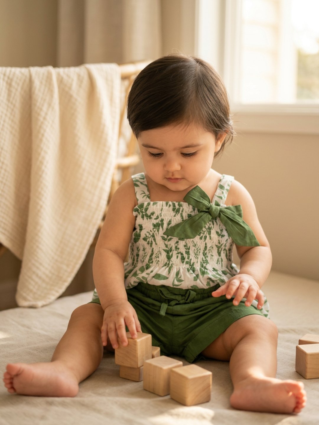 P-164_A.jpg Girls Organic Cotton Cambric Sleevless Leaf Print Top & Shorts Set - Green - Image 1