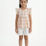Girls Organic Cotton Checks Sleevless Flowers Applique Top & Shorts Set - Pink