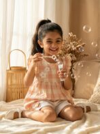 Girls Organic Cotton Checks Sleevless Flowers Applique Top & Shorts Set - Pink - Image 4