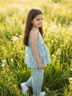Girls Organic Cotton Checks Sleevless Flowers Applique Strap Top &  Pant Set - Blue - Image 3
