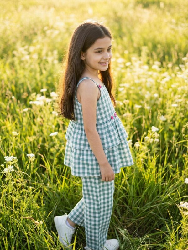 Girls Organic Cotton Checks Sleevless Flowers Applique Strap Top &  Pant Set - Blue - Image 3