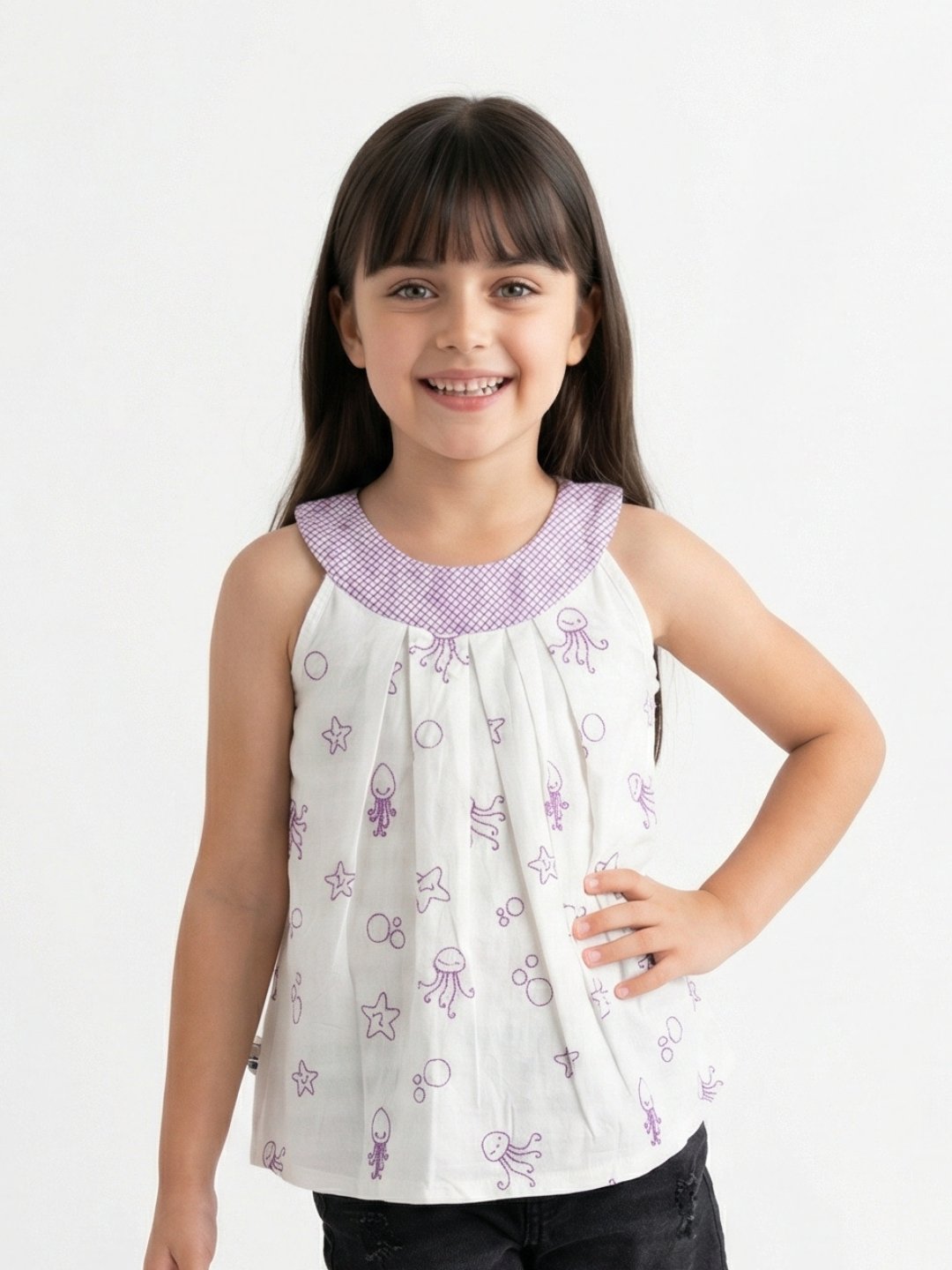 P-171_A.jpg Girls Organic Cotton Dobby Sleevless Sealife Outline Embroidered & Checks Top - White - Image 1