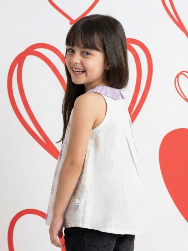 Girls Organic Cotton Dobby Sleevless Sealife Outline Embroidered & Checks Top - White - Image 3