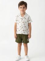 Boys Organic Cotton Poplin Short Sleeve Surfing All Over Print Shirt & Shorts Set - White & Green