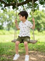 Boys Organic Cotton Poplin Short Sleeve Surfing All Over Print Shirt & Shorts Set - White & Green - Image 3