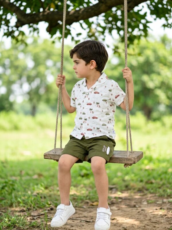 Boys Organic Cotton Poplin Short Sleeve Surfing All Over Print Shirt & Shorts Set - White & Green - Image 3