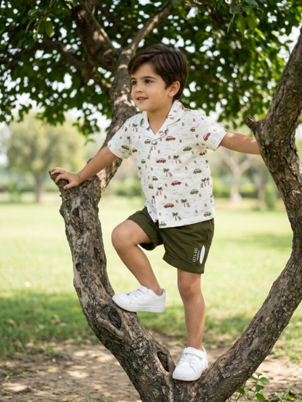 Boys Organic Cotton Poplin Short Sleeve Surfing All Over Print Shirt & Shorts Set - White & Green - Image 4