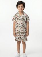 Boys Organic Cotton Single Jersey Short Sleeve All Over Print Shirt & Shorts Set - White & Green