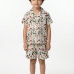 Boys Organic Cotton Single Jersey Short Sleeve All Over Print Shirt & Shorts Set - White & Green