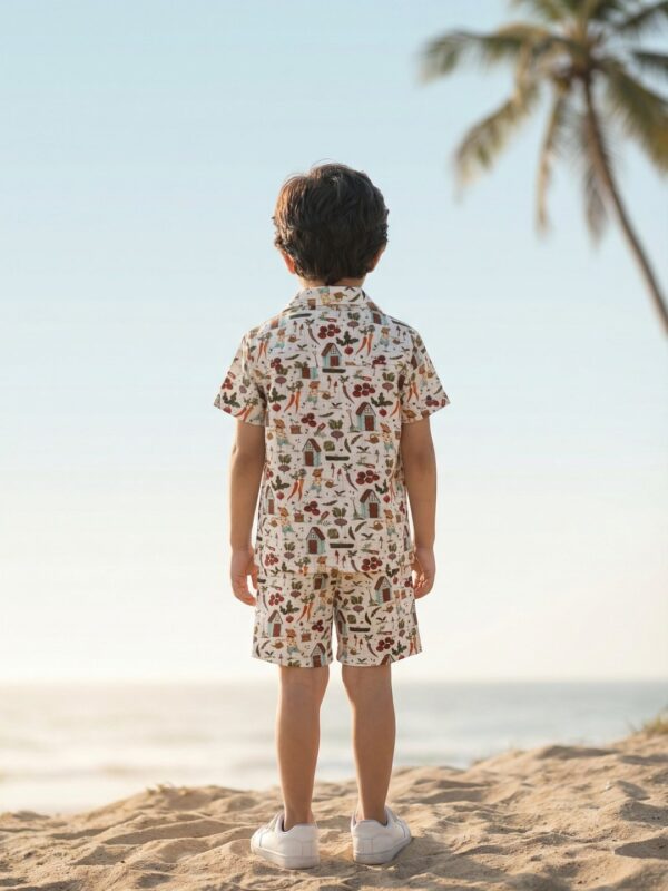 Boys Organic Cotton Single Jersey Short Sleeve All Over Print Shirt & Shorts Set - White & Green - Image 2