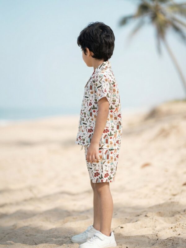 Boys Organic Cotton Single Jersey Short Sleeve All Over Print Shirt & Shorts Set - White & Green - Image 3