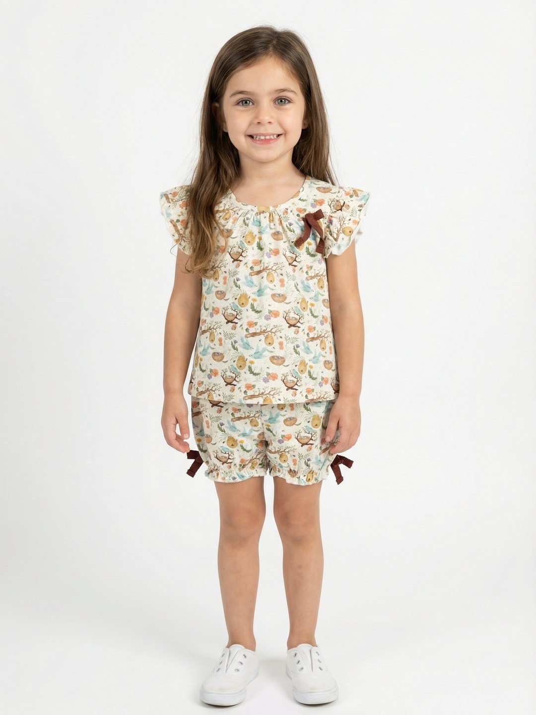 P-177_A.jpg Girls Organic Cotton Single Jersey Sleevless All Over Print Top & Gathered Shorts - White & Green - Image 1