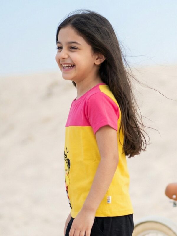 Girls Organic Cotton Interlock Short Sleeve Bee On Car Applique T-Shirt - Yellow - Image 3