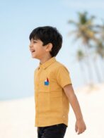 Boys Organic Cotton Seer sucker Short Sleeve Boat Embroidered Applique  Shirt - Yellow - Image 3