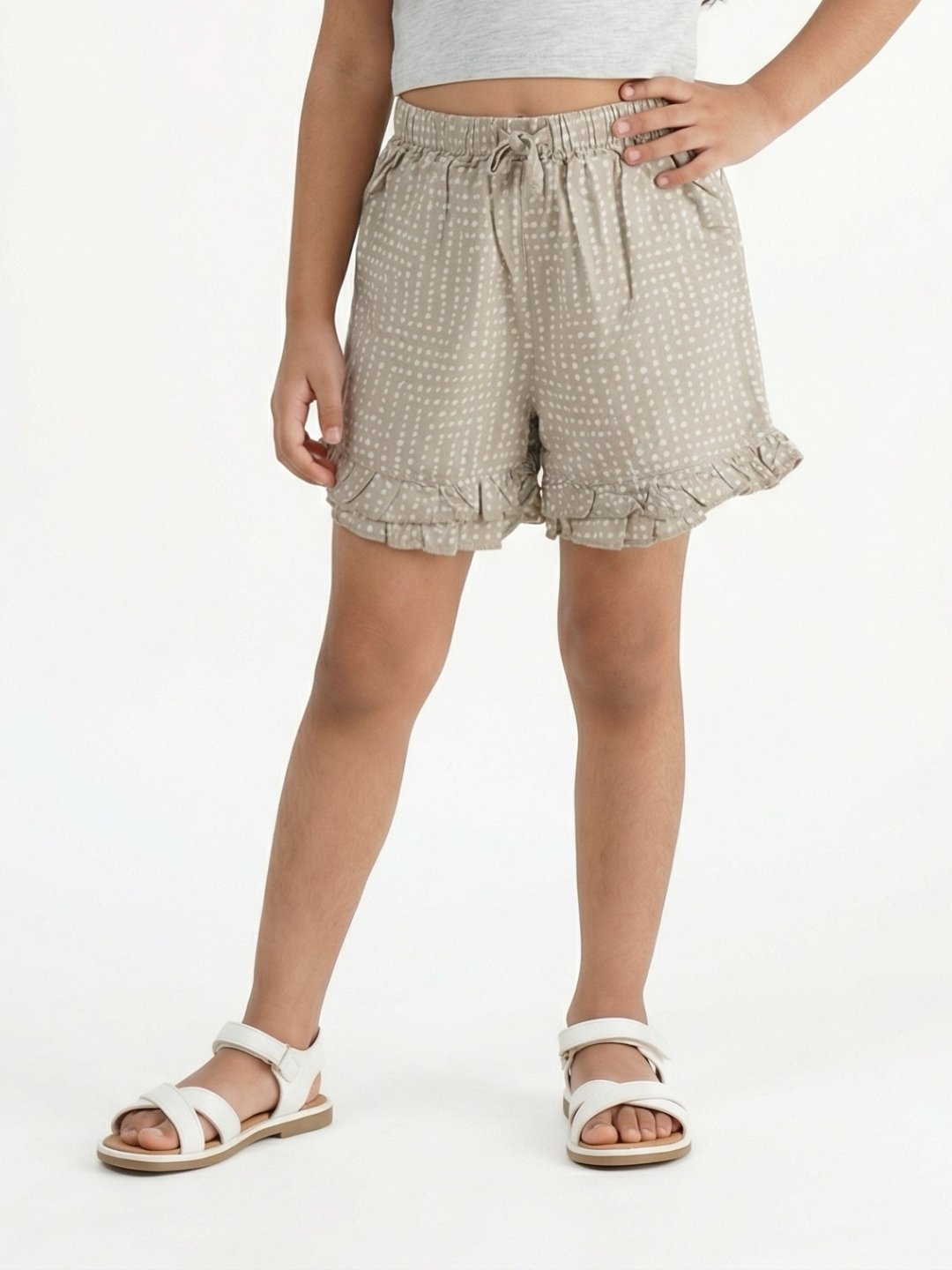 P-183_A.jpg Girls Organic Cotton Modal Knee Length Polka Dots Print Shorts - Beige - Image 1