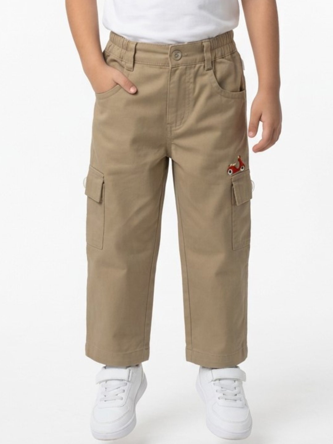 P-188_A.jpg Boys Organic Cotton Twill Full Length Scooter Embroidered Pant - Khaki - Image 1