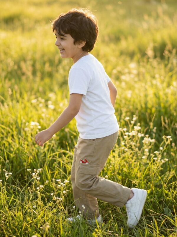 Boys Organic Cotton Twill Full Length Scooter Embroidered Pant - Khaki - Image 3