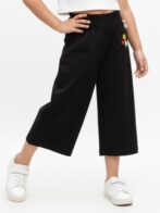 Girls Organic Cotton Crape Ankle length Flowers Embroidered Pant - Black