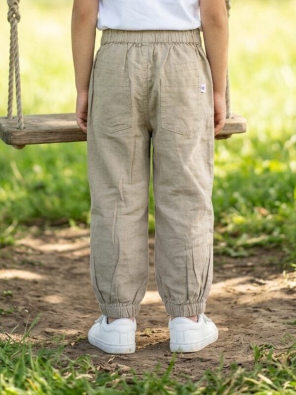 Unisex Organic Cotton Chambray Full length Small Tractor Embroidered Pant - Khaki - Image 2