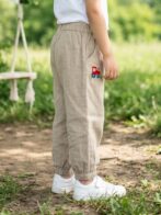 Unisex Organic Cotton Chambray Full length Small Tractor Embroidered Pant - Khaki - Image 3
