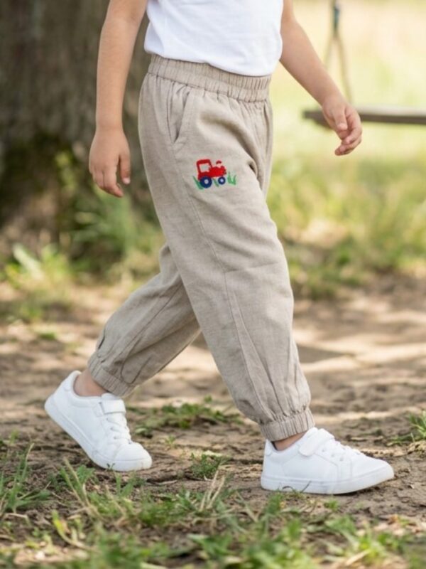 Unisex Organic Cotton Chambray Full length Small Tractor Embroidered Pant - Khaki - Image 4