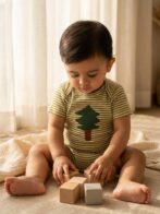 Boys Organic Cotton Rib Sleeveless Tree Print Romper - Green - Image 4