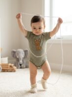 Boys Organic Cotton Rib Sleeveless Ribbat Print Romper - Green - Image 4