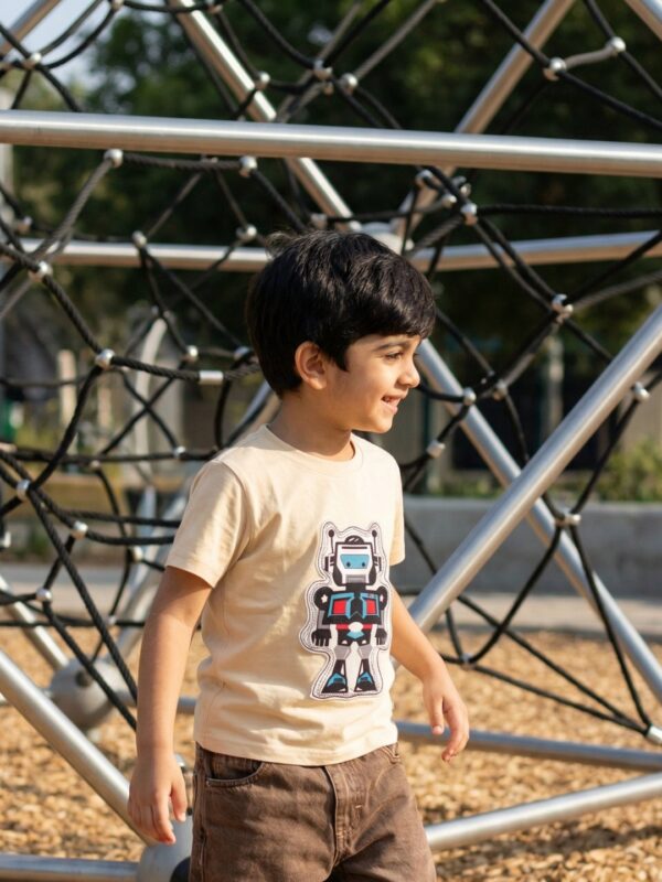 Boys Organic Cotton Single Jersey Short Sleeve All Over Print T-Shirt - Cream - Image 3
