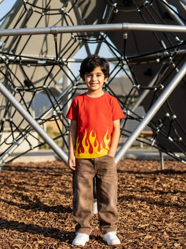 Boys Organic Cotton Single Jersey Short Sleev Fire Print T-Shirt - Red - Image 3